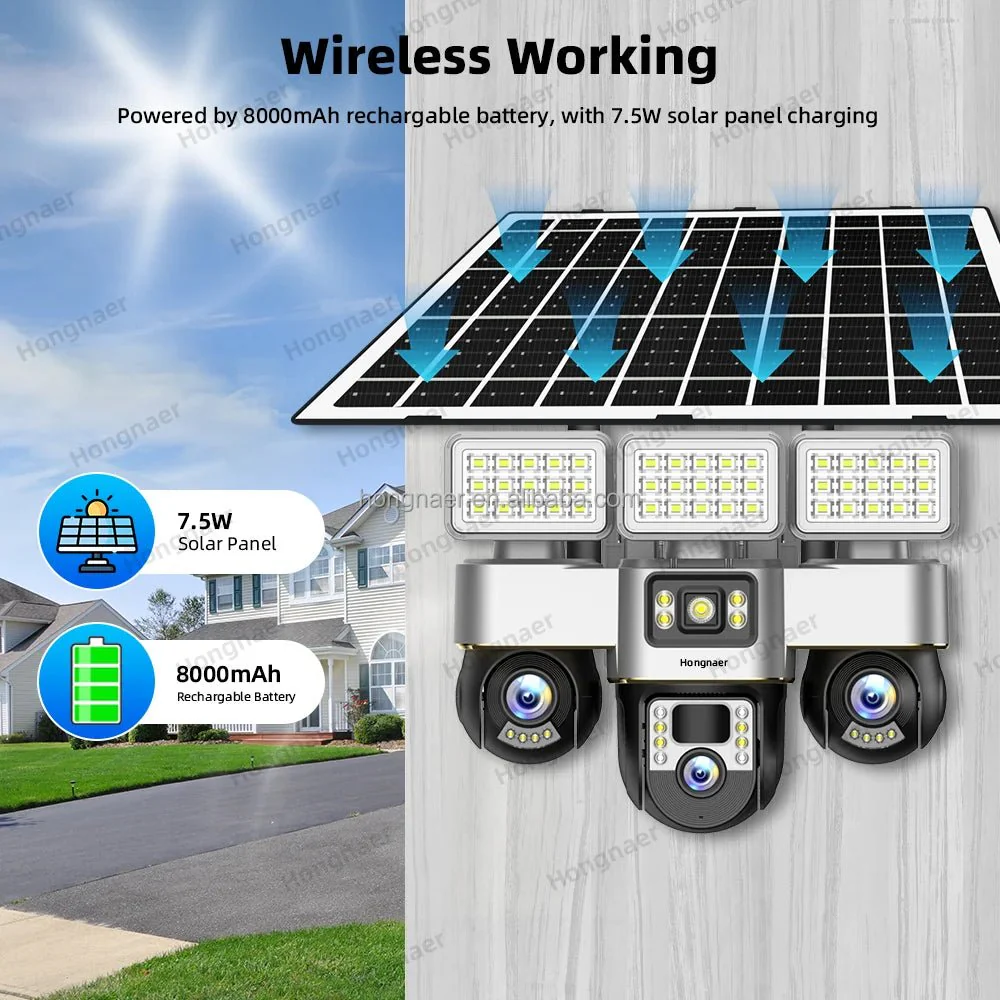 Hongnaer 6MP 3 Video 3 Lens Wireless Solar Panel Powered CCTV PTZ Camera V380 Pro Outdoor  4G Sim Card Solar Security Camera - Image 3