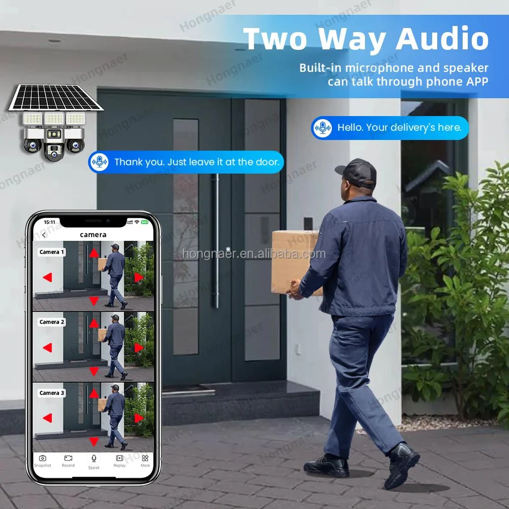 Hongnaer 6MP 3 Video 3 Lens Wireless Solar Panel Powered CCTV PTZ Camera V380 Pro Outdoor  4G Sim Card Solar Security Camera - Image 4