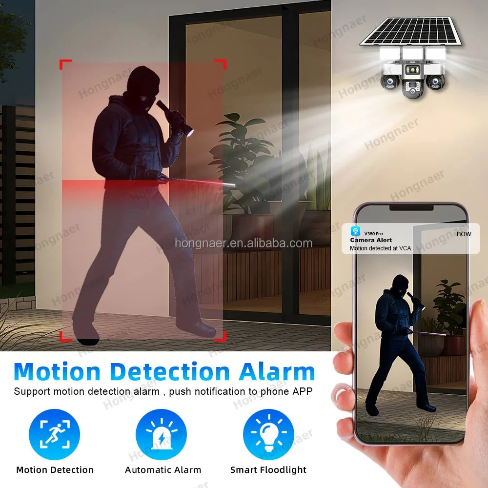 Hongnaer 6MP 3 Video 3 Lens Wireless Solar Panel Powered CCTV PTZ Camera V380 Pro Outdoor  4G Sim Card Solar Security Camera - Image 5